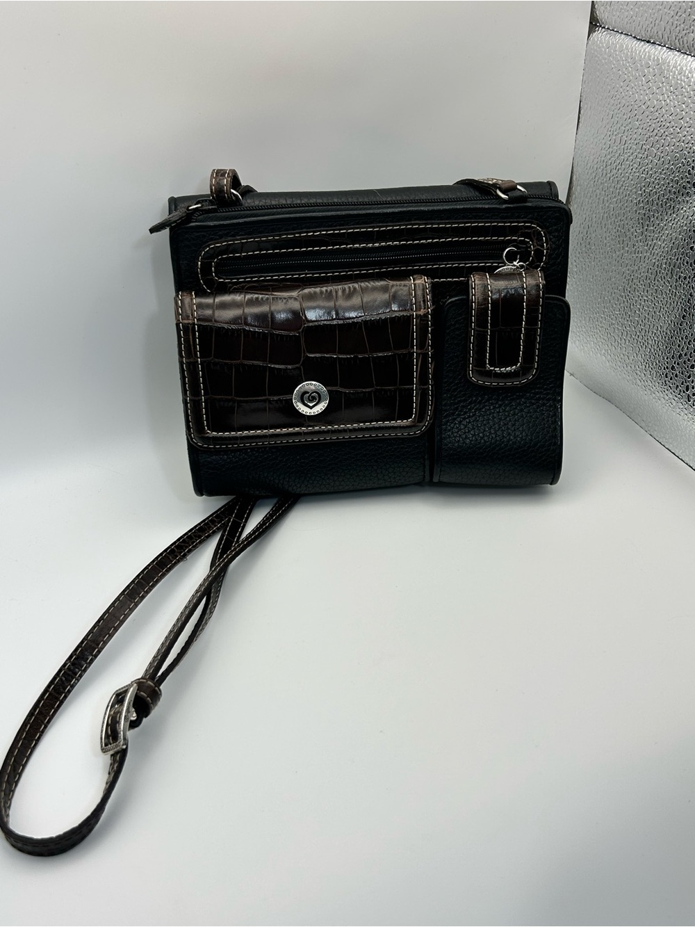 Brighton Vintage Pebble Leather Crossbody Purse Two-tone Black Brown Organizer - Picture 4 of 16